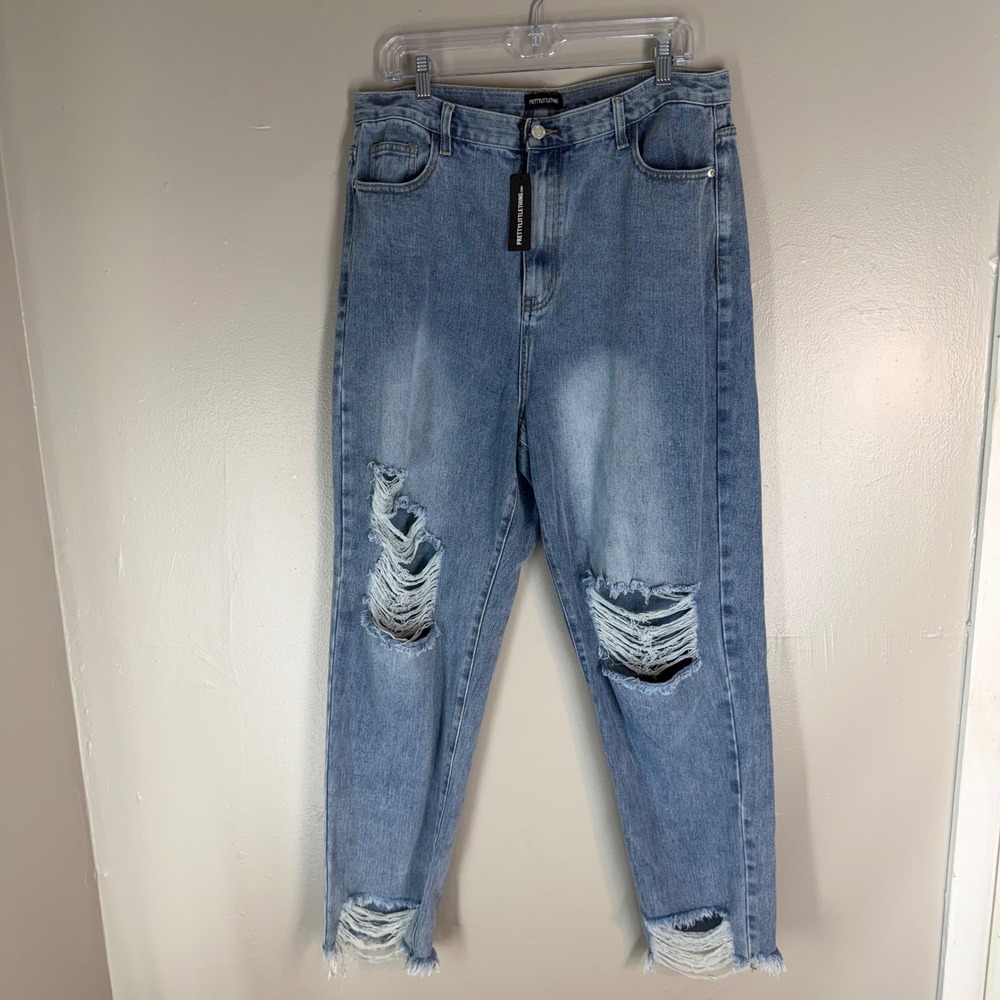 PrettyLittleThing Vintage Wash Extreme Ripped Hem Knee Rip Jeans CMM4736 Size 12